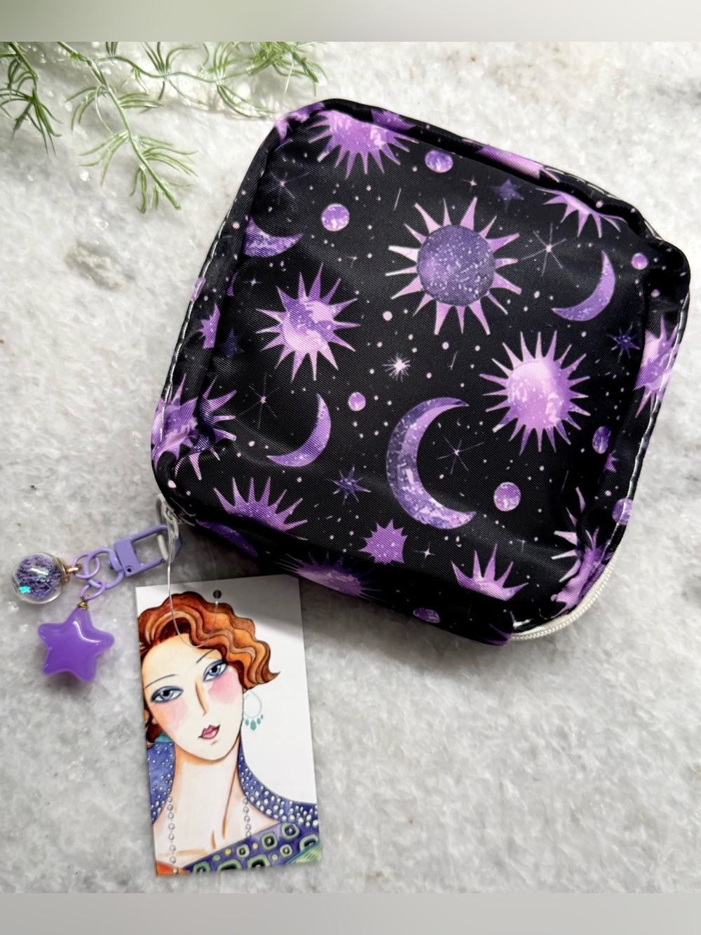 New Purple Sun Moon Stars Celestial Makeup Charger Zip Bag Pouch w/ Charm 5”x5”